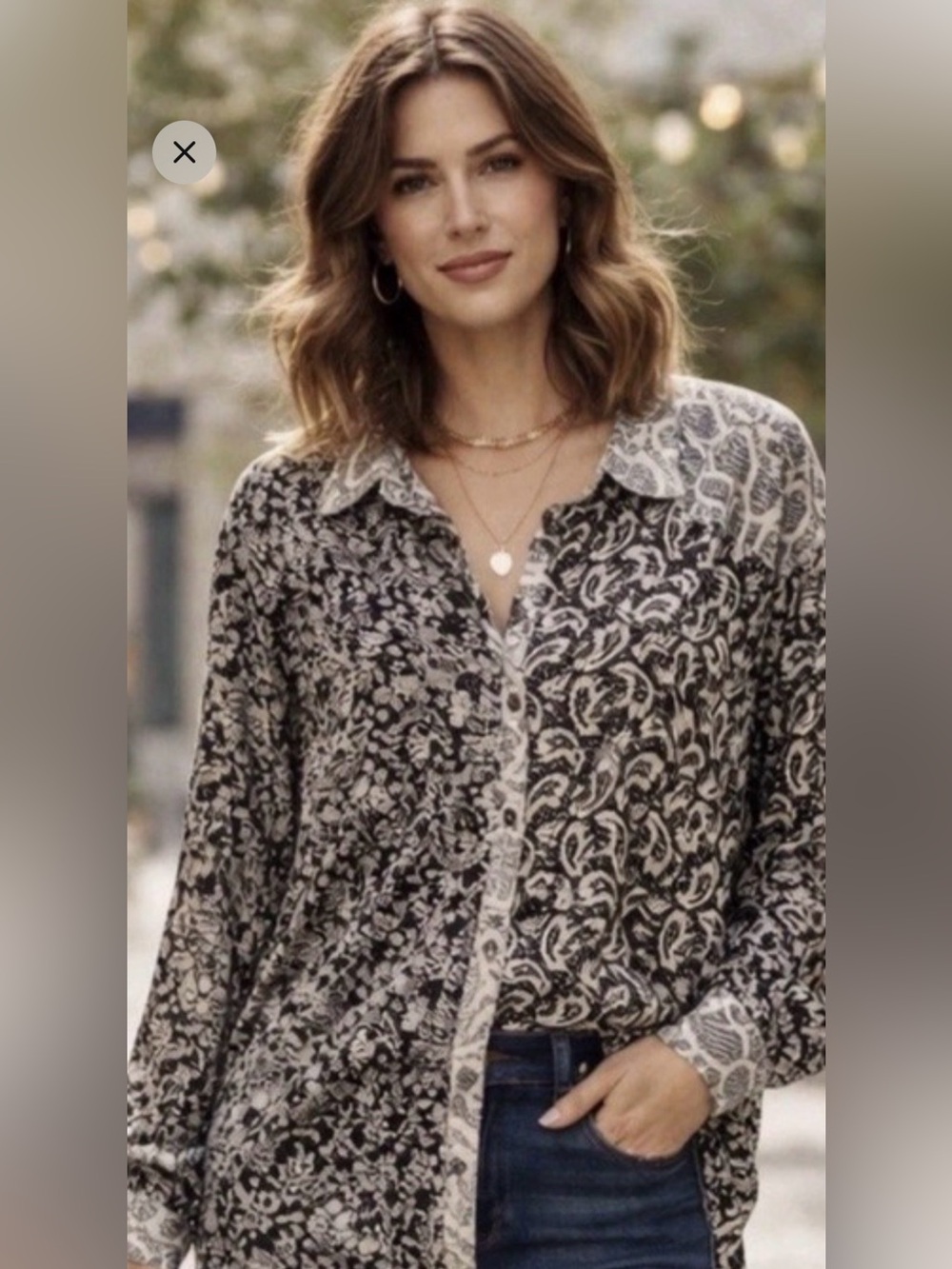 Free People Black and White Paisley Button-Down Shirt
